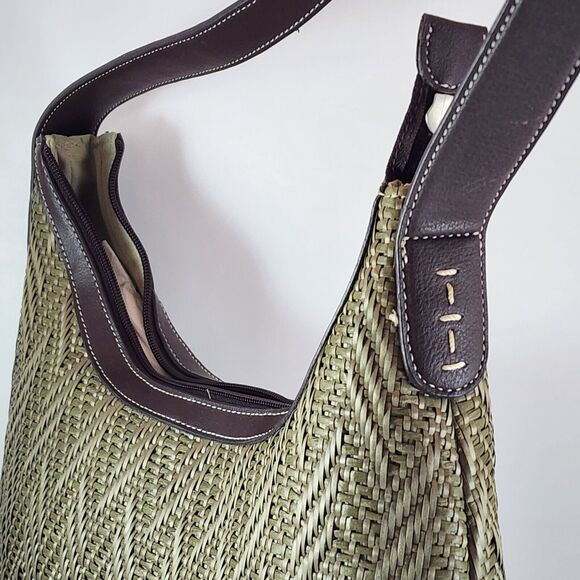 Stone Mountain Green Leather Weaved Straw Look Purse Shoulder Handbag - Picture 9 of 14